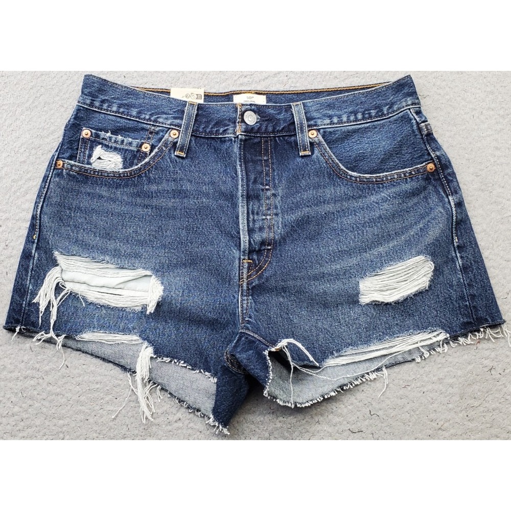 Levi's 501 Original Shorts Womens 29 Blue Denim Distressed Frayed Hem Button Fly